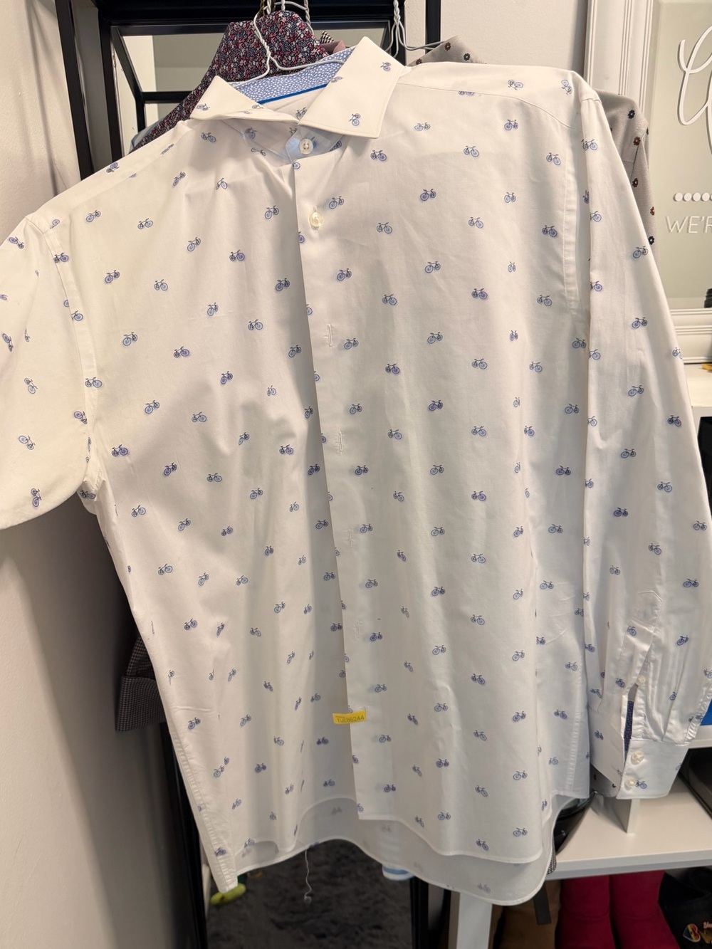 Men's White Button-Down Shirt with Fun Blue Bicycle Print Never Worn size L